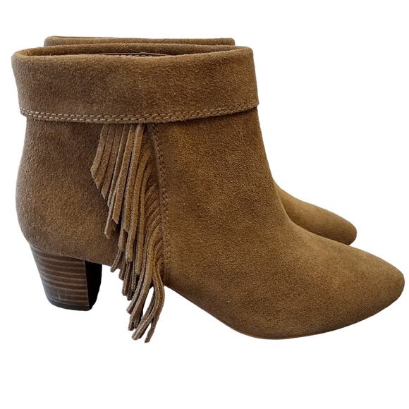 Lucky Brand NWOT Tan Suede Zakina Cuffed Fringe Ankle Boots Cowgirl Western Boho - Picture 1 of 13